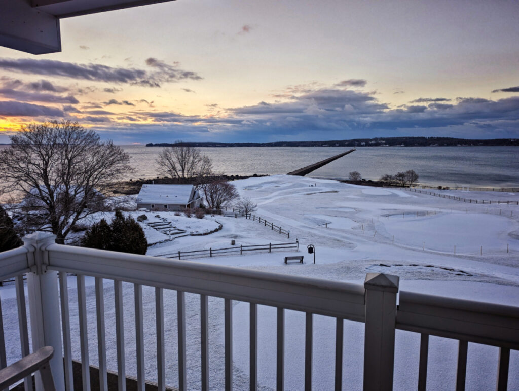 Fresh Snow at Sunrise at Samoset Resort Rockport Rockland Midcoast Maine 1