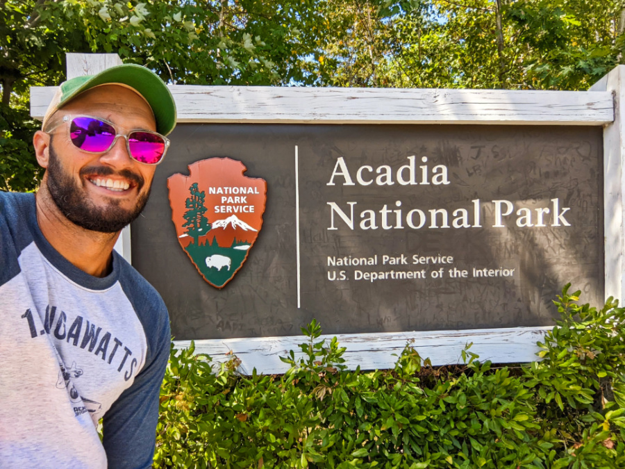 Rob Taylor at Entrance Sign at Acadia National Park Maine 1