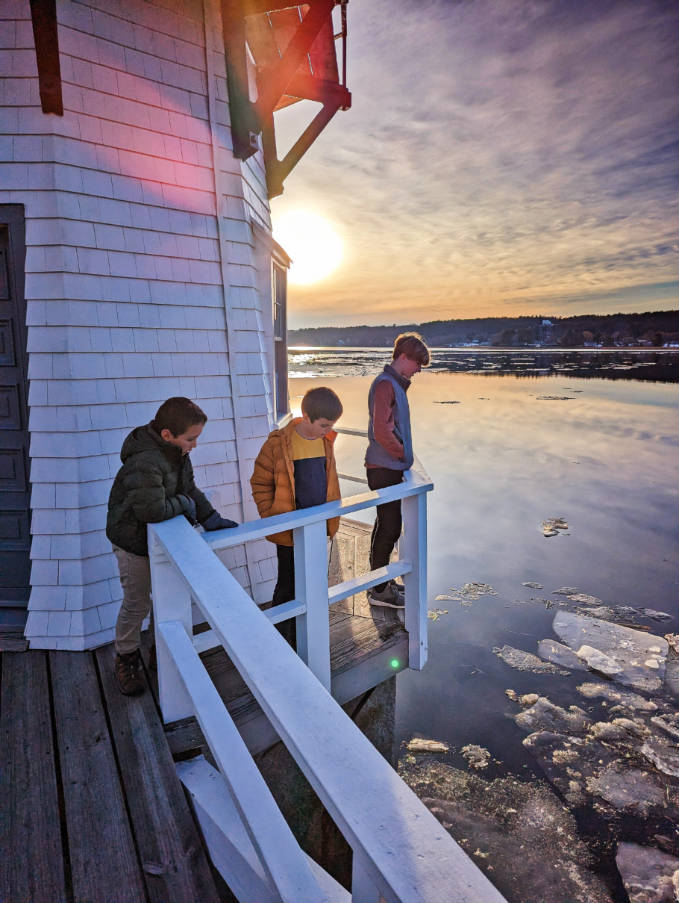 Taylor Family with Ice Flow at Doubling Point Lighthouse on Kennebec River Bath Maine 2