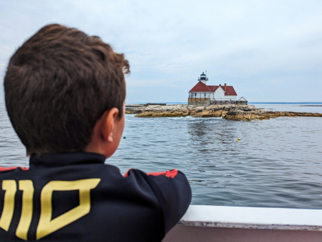 Taylor Family with Cuckolds Lighthouse from Capn Fishs Whale Watching Tour Boat in Boothbay Harbor Maine 1