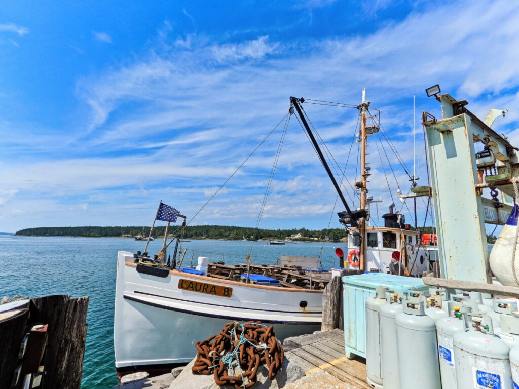 Laura B Lobstering Boat with Monhegan Boat Lines in Port Clyde MidCoast Maine 1