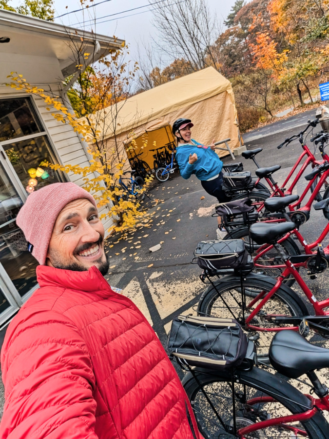 Rob Taylor and Kelly Renting Bikes at Acadia Outdoor Center Seal Harbor Maine 1