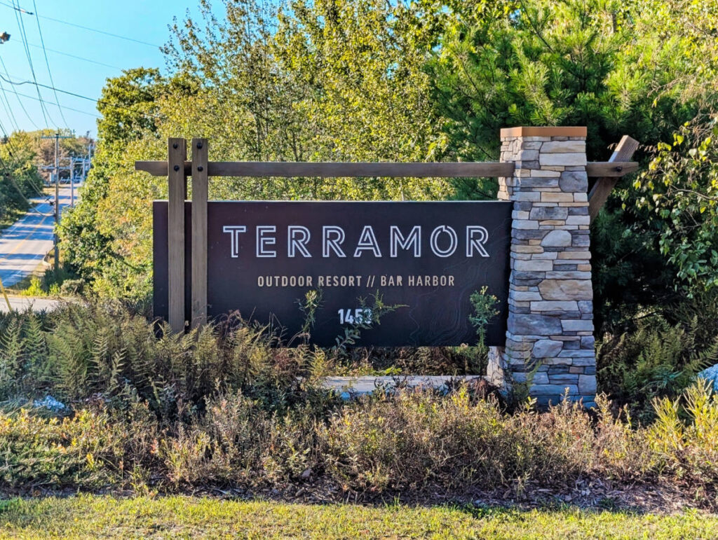 Entrance Sign to Terramor Outdoor Resort at Acadia National Park Bar Harbor Maine 1