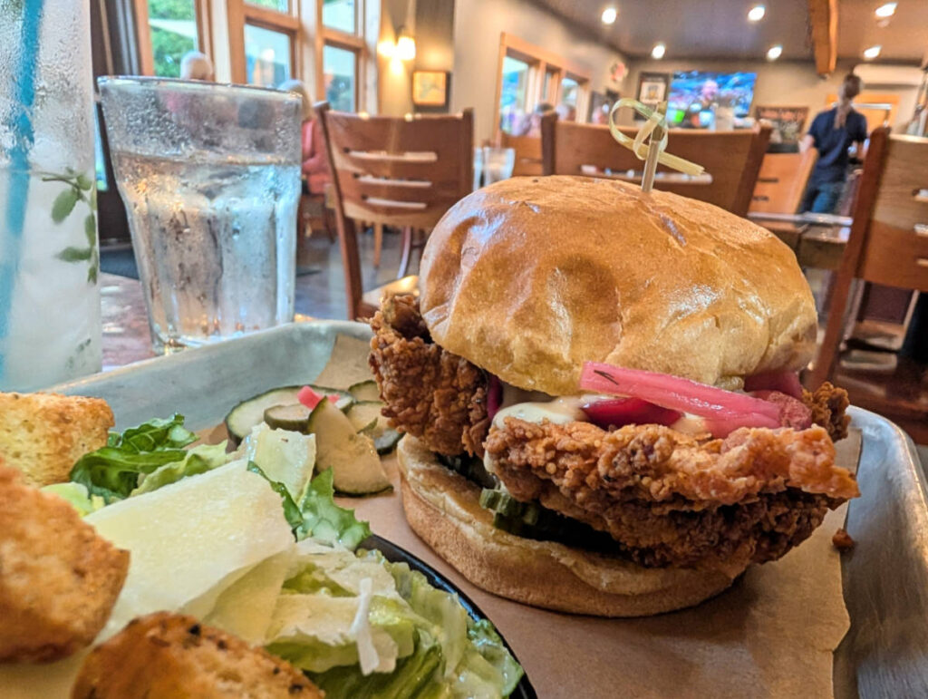 Fried Chicken Sandwich at River Drivers Restaurant at New England Outdoor Center NEOC Millinocket Maine 1