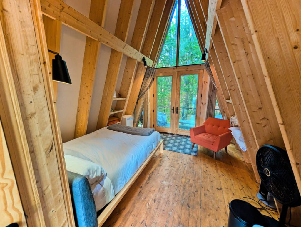Interior of AFrame cabin at Desert of Maine Glamping Freeport Maine 1