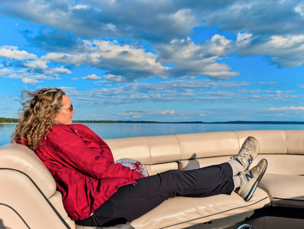Kelly on Wildlife Safari Tour Pontoon Boat at New England Outdoor Center NEOC Millinocket Maine 1