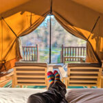 Relaxing in Platform Glamping Tent at Terramor Outdoor Resort Acadia National Park Bar Harbor Maine 1