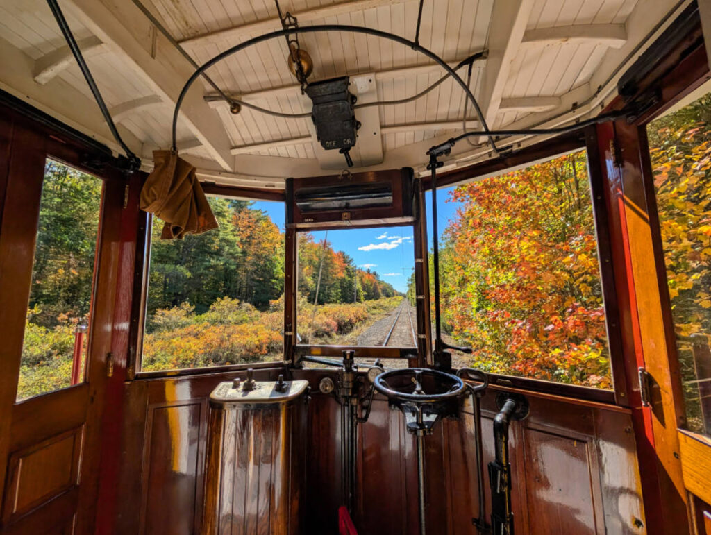 Interior of Vintage Trolley Car with Fall Colors at Seashore Trolley Museum Kennebunkport Maine 2