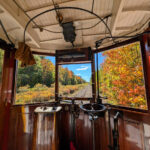 Interior of Vintage Trolley Car with Fall Colors at Seashore Trolley Museum Kennebunkport Maine 2
