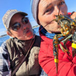 Kelly and Rob Taylor kissing Lobster on Rugosa Lobster Tour Kennebunkport Maine 1