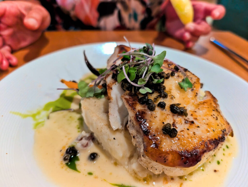 Roasted Halibut at Port Fish and Chophouse at Breakwater Inn Kennebunkport Maine 1