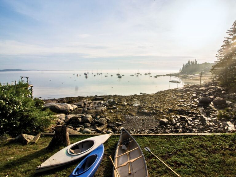 Kayaks and Canoe on Rocky Beach in Lincolnville MidCoast Maine 1