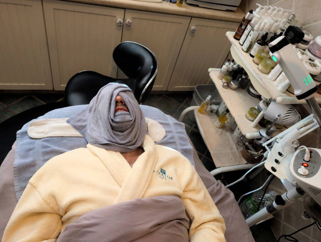 Rob Taylor getting facial treatment at Senator Spa at Senator Inn and Spa Augusta Maine 2