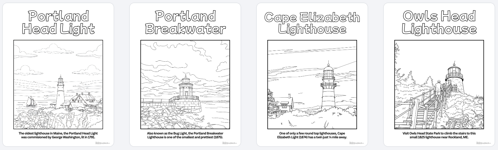 Maine Lighthouses Coloring Book examples 1